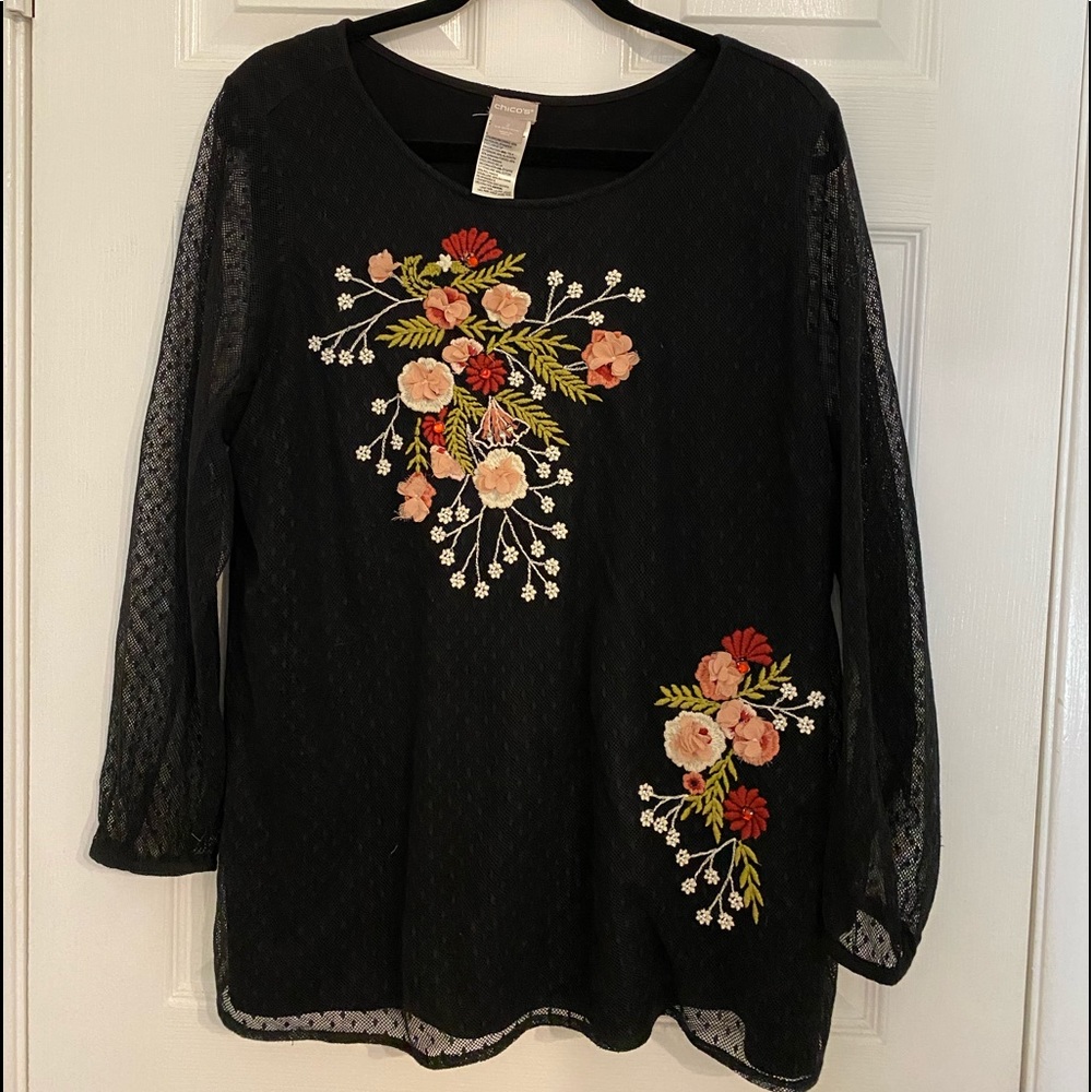 Chico’s sheer sleeved floral pull over